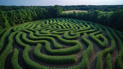 Naklejka premium Aerial view of intricate green maze set in lush landscape, showcasing complex patterns and symmetry of garden design.