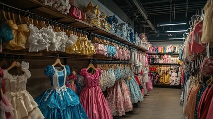  Racks filled with colorful princess costumes in bright fabrics, offering wide selection for children’s dress-up and cosplay needs.