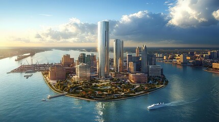 Fototapeta premium Aerial view of a modern city skyline with skyscrapers along a waterfront, showcasing vibrant urban life and serene landscapes.