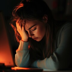 Woman Resting Her Head in Hands While Working