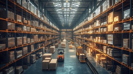 Fototapeta premium A spacious warehouse filled with neatly stacked boxes, showcasing efficient storage and organization under bright overhead lights.