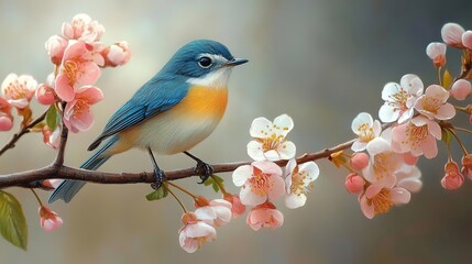 Fototapeta premium A beautiful bird perched on a flowering branch, showcasing vibrant colors and a serene atmosphere in nature.