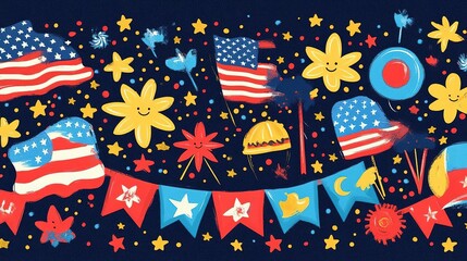 Obraz premium Colorful festive design featuring stars, flags, and party elements for patriotic celebrations and events.