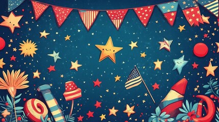 Obraz premium Colorful festive illustration featuring stars, flags, and playful elements against a dark background, perfect for celebrations.