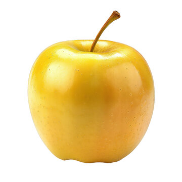 Ripe yellow apple with a stem standing on a white background