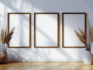 Frame Mockup - Three Wooden Frames, Beige and White Interior Background