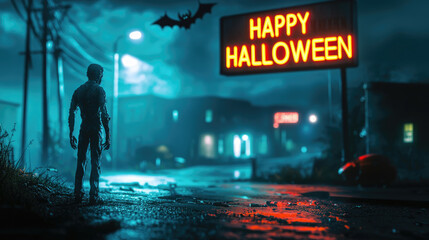 Scary living dead on street at blue mystic night, old neon sign Happy Halloween in spooky abandoned city. Concept of fantasy, horror, apocalypses, zombie