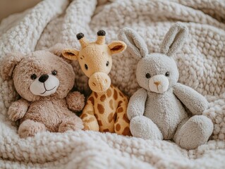 Fototapeta premium Cuddly Toys: Giraffe, Bear, and Rabbit on Blanket