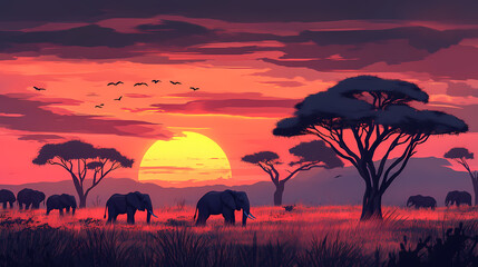Obraz premium Stunning sunset over savanna with acacia trees and elephants. generative ai image. Savannah Sunset. Illustration