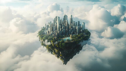 Surreal aerial landscape with floating island city suspended in cloudy skies. Floating City. Illustration