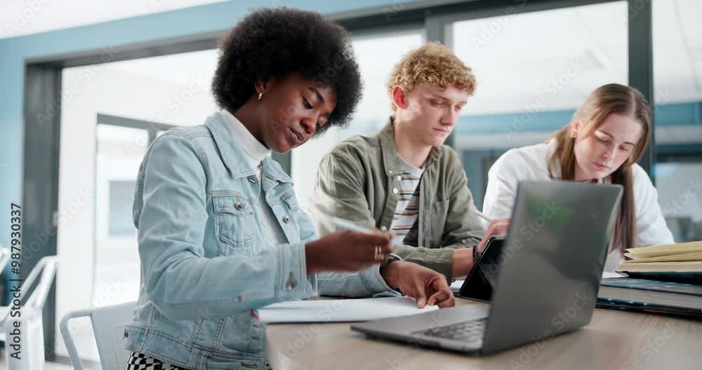 Aufkleber education, laptop and thinking with student friends in library of college or university together. co