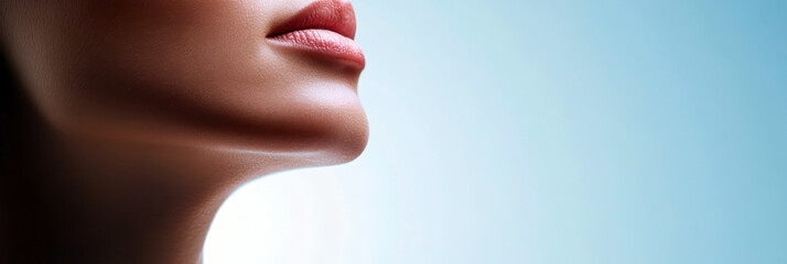 Thyroid Awareness Month. Beautiful female neck on a light blue background. Horizontal banner. Free space for text. Thyroid cancer. Glandular disease prevention. Endocrine system, hormonal problems