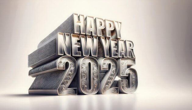Happy New Year 2025 matel made 3d text on floor on white background "ai generated"
