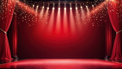 A vibrant stage setup with red curtains and spotlight for performances.