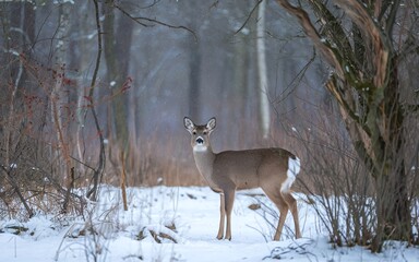 Fototapeta premium A lone deer stands in a snowy forest, looking directly at the camera.