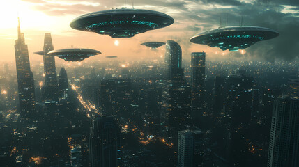 Fototapeta premium Ufo armada over downtown. giant alien spaceships over the city. ufo invasion over the city of the planet earth. digital art., generative ai. Alien Invasion. Illustration