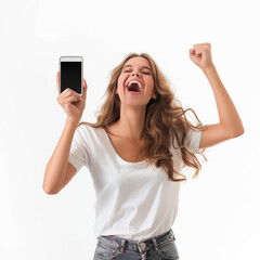 Naklejka premium Excited woman joyfully holding her smartphone aloft in a vibrant expression of celebration during a cheerful moment