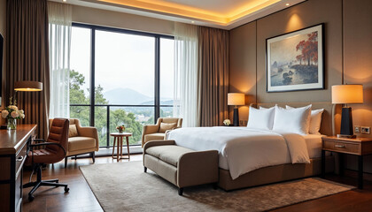 Luxurious hotel room with modern design, inviting decor, and natural light for a cozy retreat.






