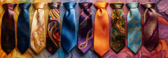 A display of silk ties in various colors set against a vibrant backdrop, showcasing men’s fashion and shopping.