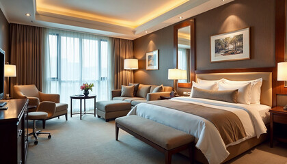 Luxurious hotel room with modern design, inviting decor, and natural light for a cozy retreat.






