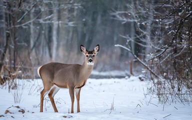 A deer stands in a snowy forest, looking directly at the camera.