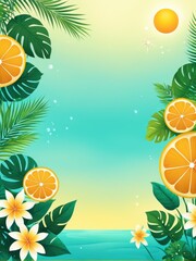 Fototapeta na wymiar A vibrant tropical background featuring citrus fruits, flowers, and palm leaves.