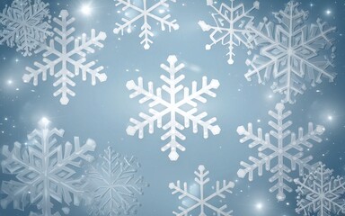 Abstract winter background with white snowflakes on a blue gradient with sparkling lights.