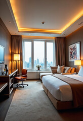 Fototapeta premium Luxurious hotel room with modern design, inviting decor, and natural light for a cozy retreat.