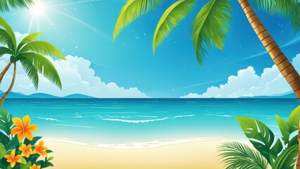 Obraz premium A vibrant tropical beach scene with palm trees, flowers, and a serene ocean backdrop.