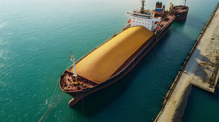 At the harbor, a dry cargo ship is being loaded with corn for global grain trade and distribution.