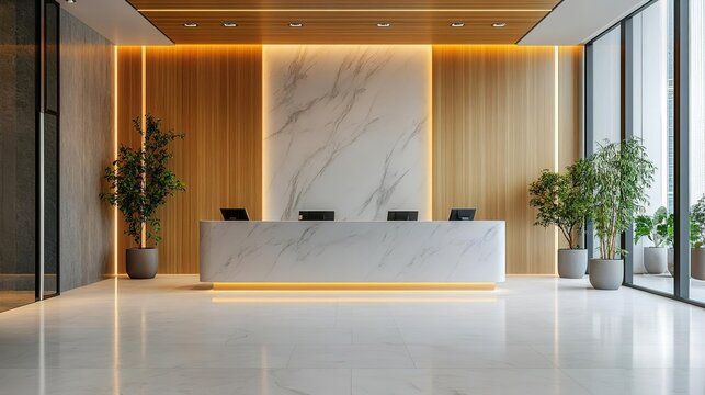 Modern reception area featuring elegant design, soft lighting, and green plants for a welcoming atmosphere.