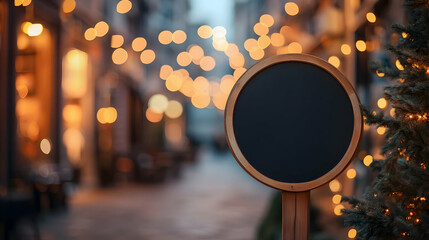 An empty round signboard stands on a city street, set against a bokeh background.