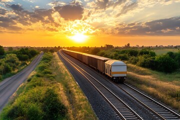 Obraz premium Freight Train Traveling Through Countryside at Sunset