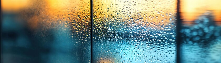 Obraz premium A close-up view of raindrops on glass, capturing the beauty of nature and abstract reflections during a serene sunset.
