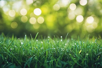 Obraz premium Close up dew drops on green grass with blurred bokeh background