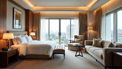 Fototapeta premium Luxurious hotel room with modern design, inviting decor, and natural light for a cozy retreat.