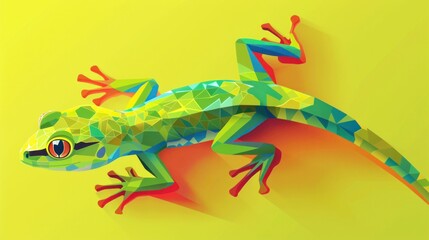 Colorful geometric lizard illustration on a bright yellow background, showcasing vibrant shades of green and blue with orange accents in a creative and modern style