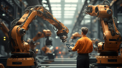 industry 40 factory with industrial engineer working alongside automation robot arms intelligent manufacturing concept 3d rendering