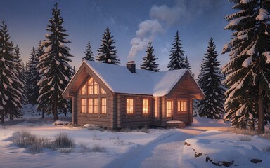 A cozy wooden cabin with glowing windows sits in a snowy forest under a starry night sky.