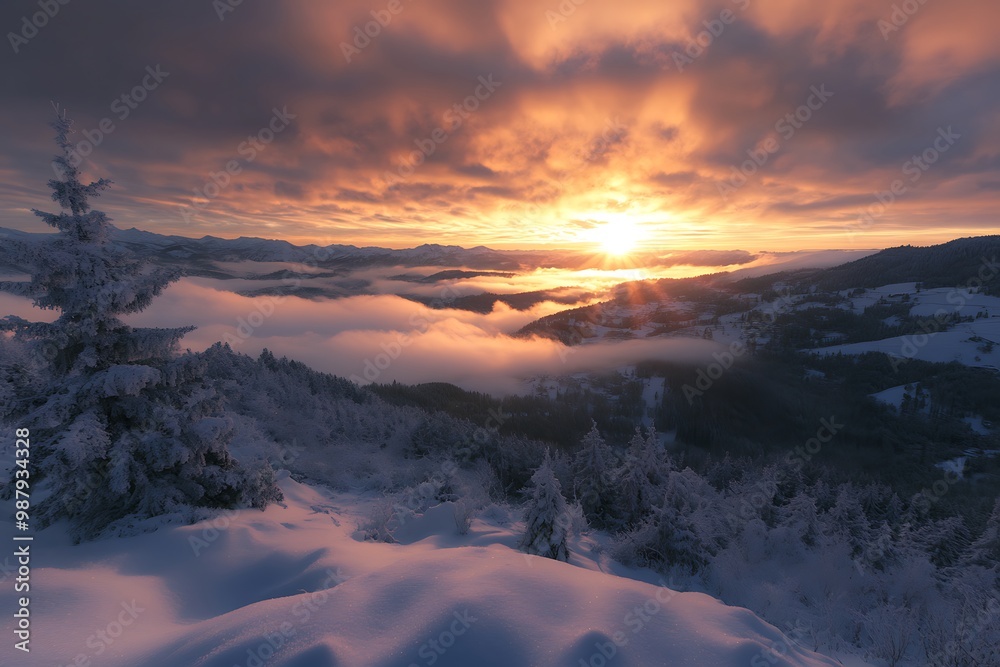 Canvas Prints Snowy mountain peak with sun setting behind clouds