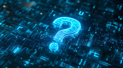 question mark blue neon lighting tech technology ask for help faq digital concept network communication connection net connected points glowing