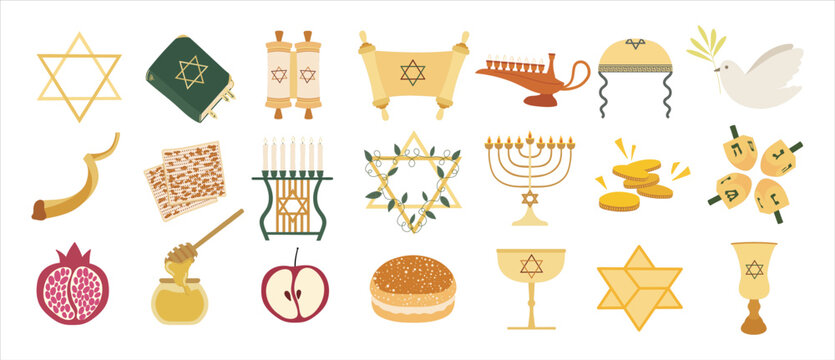 Large Jewish set with Tanakh, Star of David, Torah Scroll, Menorah, Dreidel, Shofar and other traditional holiday symbols.