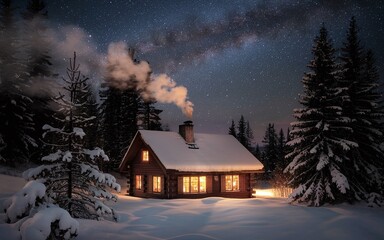 A cozy cabin with warm lights shines in the snowy forest under a starry night sky.
