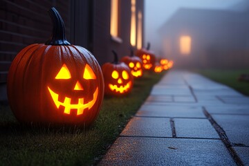 Foggy Halloween street, with glowing jack-o'-lanterns lining the sidewalk and eerie shadows moving in the distance