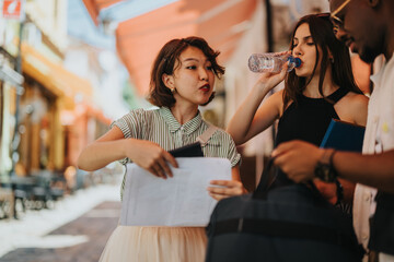 Multicultural startup business team discussing work during an outdoor meeting in an urban city area. Team members focused and collaborating in a casual environment.