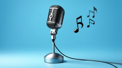Fototapeta premium A vintage microphone with musical notes on a blue background, symbolizing music and performance.