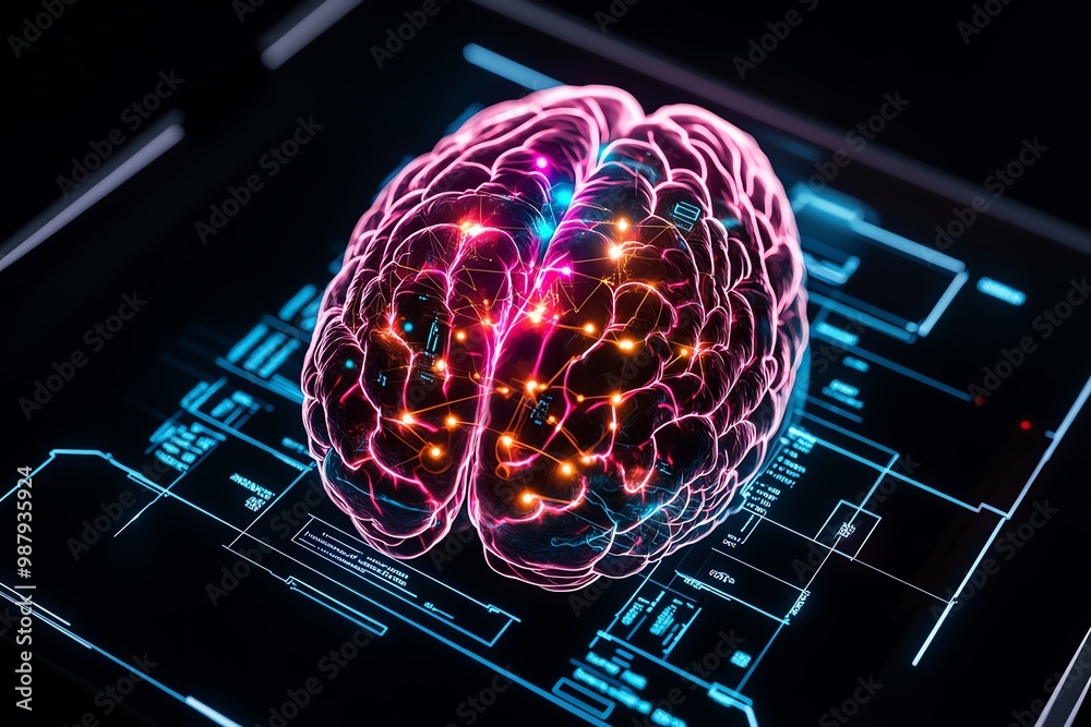 Poster futuristic brain scan with holographic overlays, showing neural activity, ai connections, and glowin