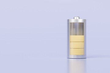 3d Battery status icon on isolated purple background. energy charging concept. Minimal Battery different color. full green battery tube. medium yellow battery tube. low red battery tube. 3d render.