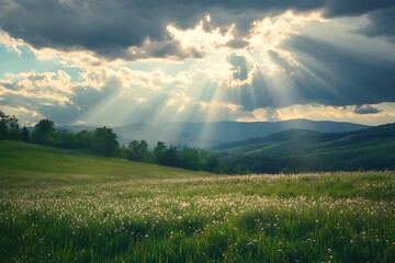 Obraz premium Sunbeams shining through clouds over a grassy field and hills in a beautiful nature landscape
