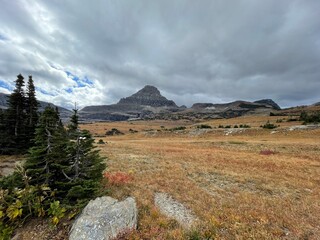 Majestic Mountain View in Glacier National Park under Dramatic Skies